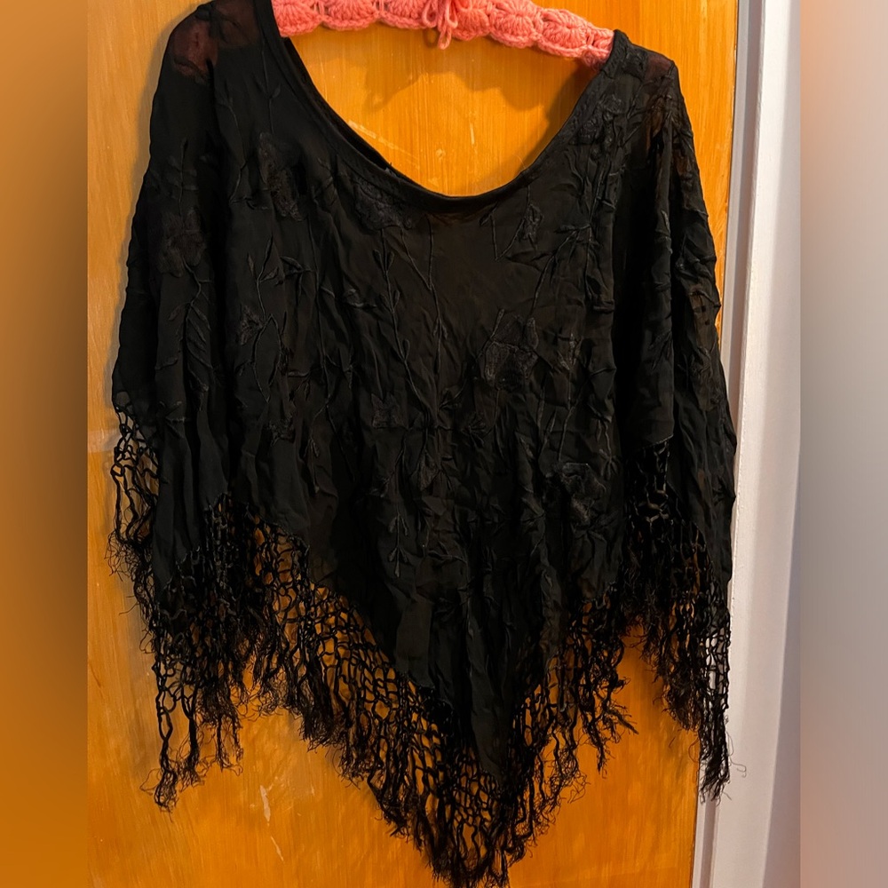 Gogogina ONE OF A KIND Black Hobo Cutout Gypsy Overhead Handmade Fringe Poncho